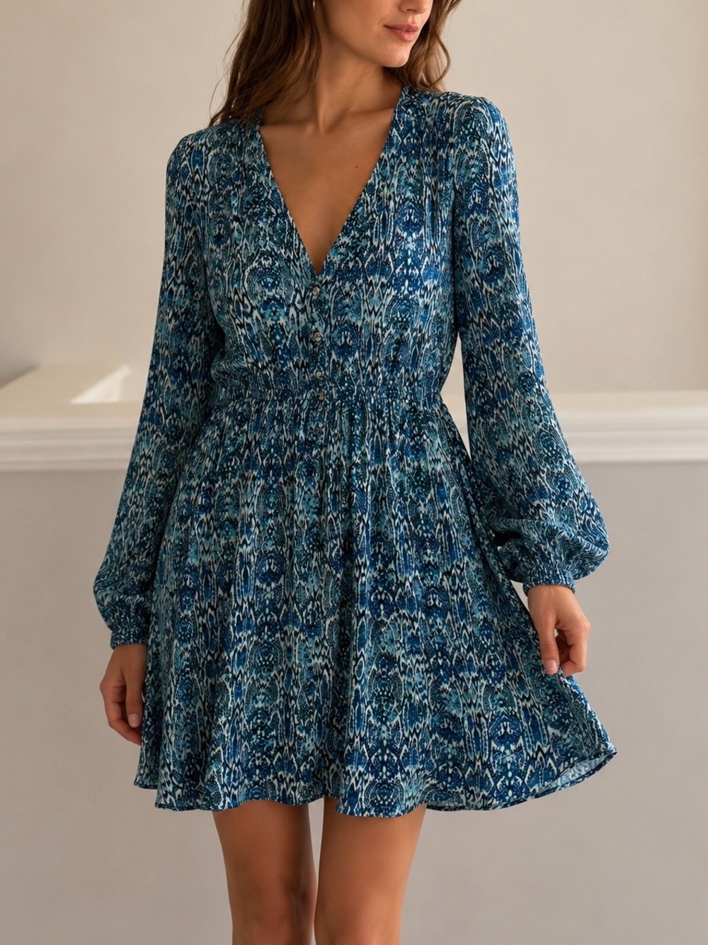 Zara Blue Snakeskin Print V-Neck Dress — Size S